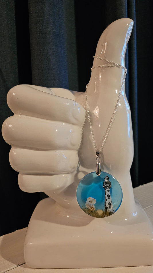 Large Circle Multi-Shell and Lighthouse Pendant (Handmade with Resin)