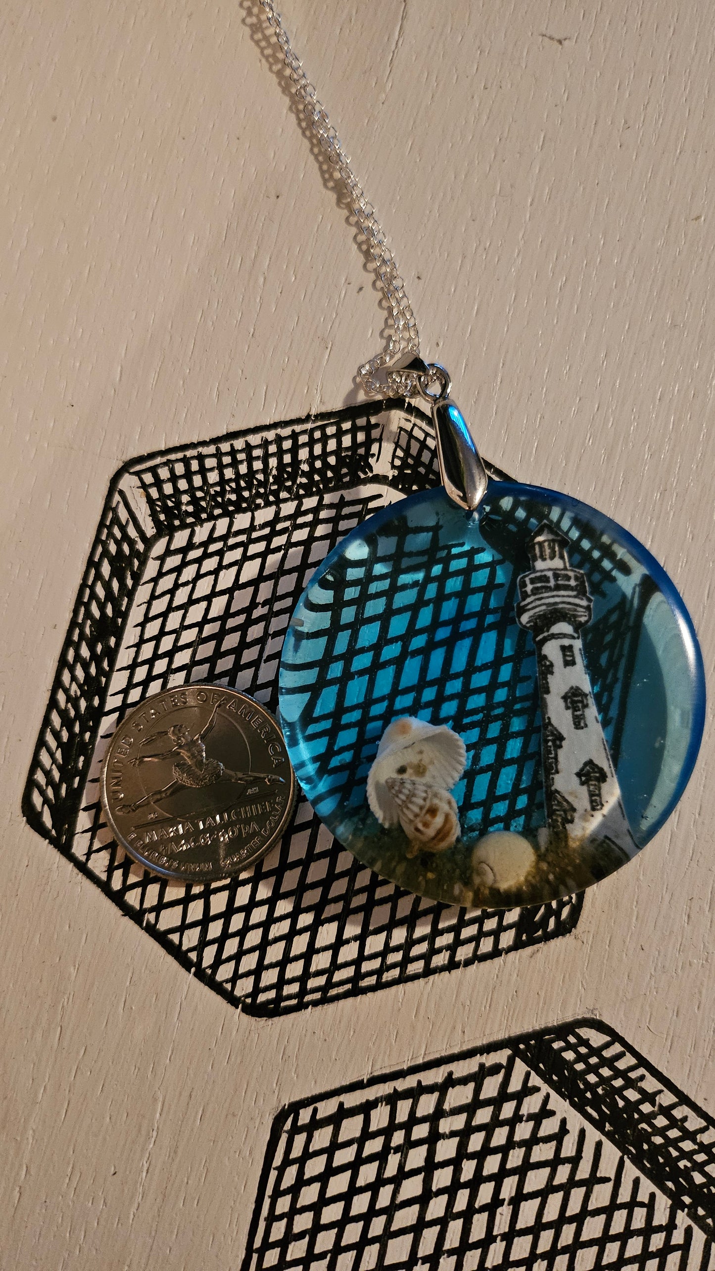 Large Circle Multi-Shell and Lighthouse Pendant (Handmade with Resin)