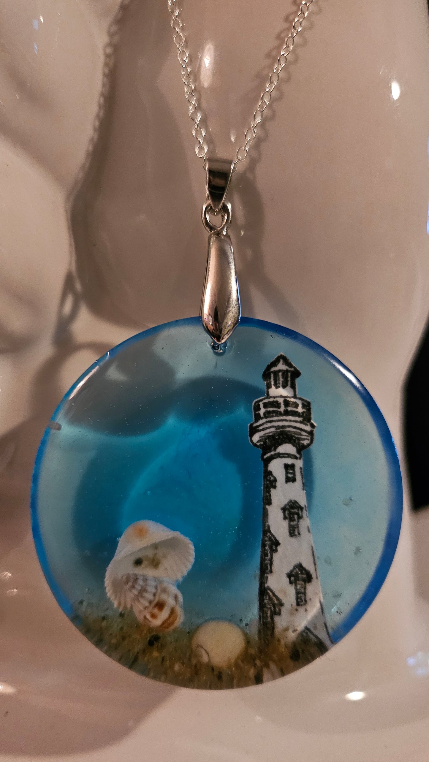 Large Circle Multi-Shell and Lighthouse Pendant (Handmade with Resin)